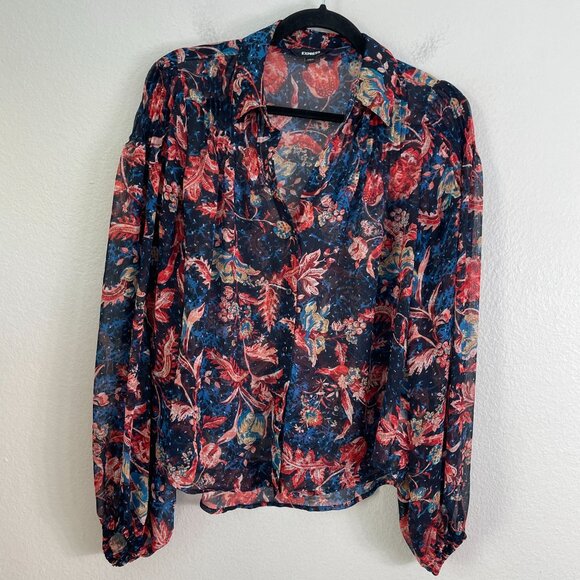 Express Womens Small Sheer Floral Button Up Blouse Long Sleeve Shirt Top - Picture 8 of 12